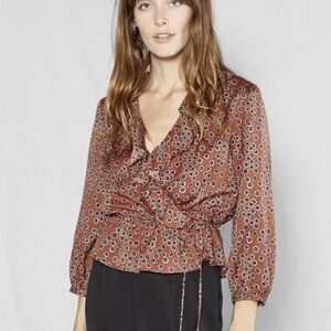 Outerknown Rhiannon cinnamon Brown floral wrap top organic cotton blend Small